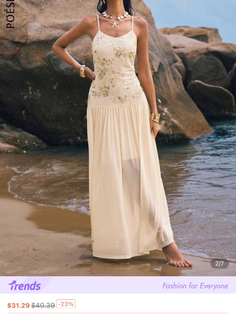 SHEIN Cream Embroidered Spaghetti Strap Maxi Dress